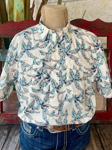 Men's Ariat short sleeve tropical print shirt in natural, mint, and peach tones, with UV-blocking breathable fabric and dual chest pockets - 10058789. Available at Blair's Western Wear, Marble Falls, TX.