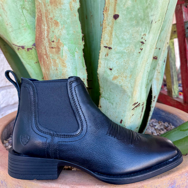 Men’s Ariat slip-on leather boot in black, featuring elastic side gores for easy entry, with a lightweight outsole that adds stability – 10031453. Available at Blair's Western Wear, Marble Falls, TX.