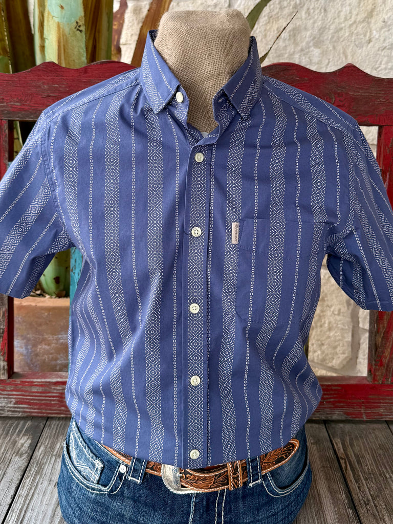 Men’s Ariat Western short sleeve shirt in blue, lightweight breathable fabric for all-day comfort, with geometric stripe pattern for subtle style - 10071059. Available at Blair's Western Wear, Marble Falls, TX.