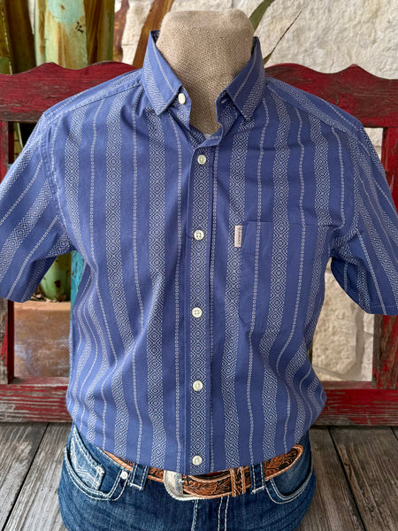 Men’s Ariat Western short sleeve shirt in blue, lightweight breathable fabric for all-day comfort, with geometric stripe pattern for subtle style - 10071059. Available at Blair's Western Wear, Marble Falls, TX.