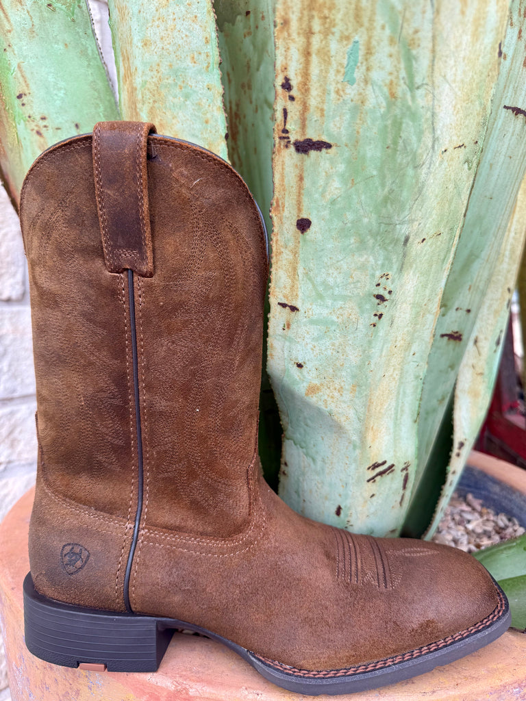 Men’s Ariat Western square toe boot in brown roughout, built from durable roughout leather that resists scuffs, with a flexible Ariat rubber outsole for all-day comfort – 10064001. Available at Blair's Western Wear, Marble Falls, TX.