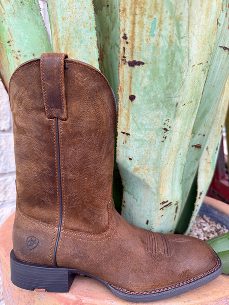 Men’s Ariat Western square toe boot in brown roughout, built from durable roughout leather that resists scuffs, with a flexible Ariat rubber outsole for all-day comfort – 10064001. Available at Blair's Western Wear, Marble Falls, TX.