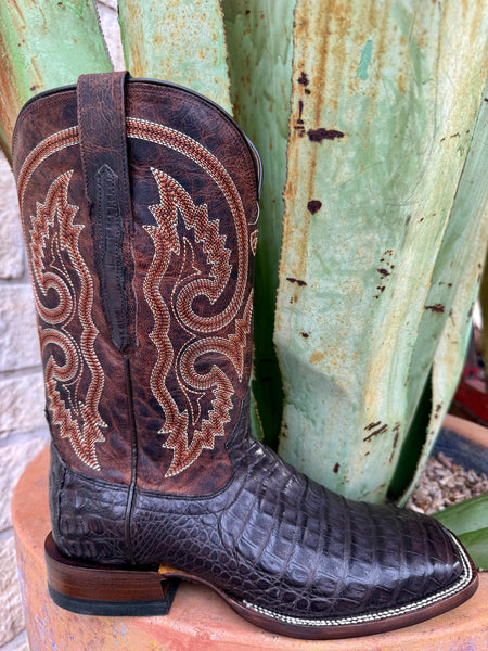 Men’s Ariat Western Boot square toe caiman belly leather boot in chocolate, genuine caiman belly vamp for durability and bold texture, with TekStep leather outsole for flexible traction – 10063771. Available at Blair's Western Wear, Marble Falls, TX.