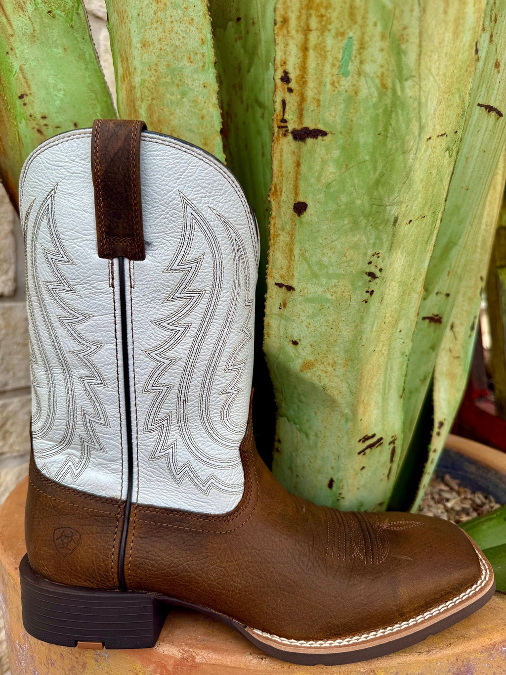 Men’s Ariat Western square toe boot in Mustang Brown/Smokey Cream, built with full-grain leather for long-lasting comfort, with a cushioned 4LR™ footbed and flexible rubber outsole – 10074165. Available at Blair's Western Wear, Marble Falls, TX.