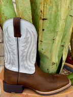 Men’s Ariat Western square toe boot in Mustang Brown/Smokey Cream, built with full-grain leather for long-lasting comfort, with a cushioned 4LR™ footbed and flexible rubber outsole – 10074165. Available at Blair's Western Wear, Marble Falls, TX.