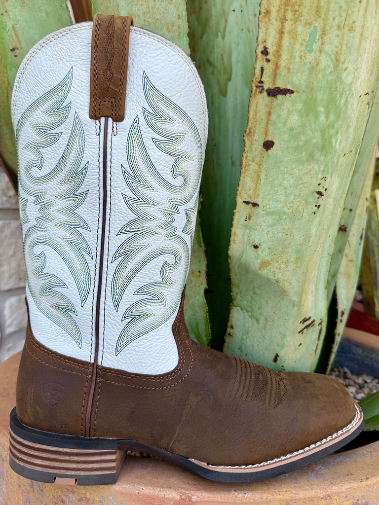 Men’s Ariat Western Boot in white, brown, and green, crafted from full-grain leather that resists wear, with a lightweight SmartLite outsole for all-day comfort – 10063922. Available at Blair’s Western Wear, Marble Falls, TX.