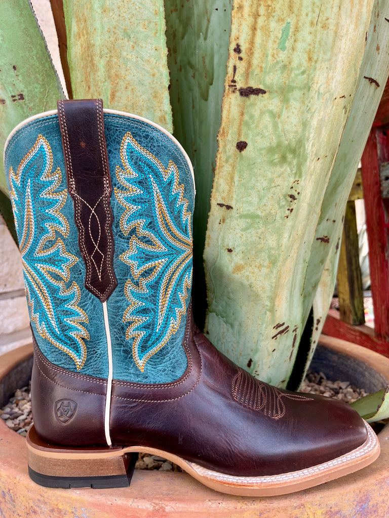 Men's Ariat Western Walker Boots in chocolate and turquoise, premium full-grain leather with ATS® ergonomic support and TekStep™ cushioning - 10061240. Available at Blair's Western Wear, Marble Falls, TX.