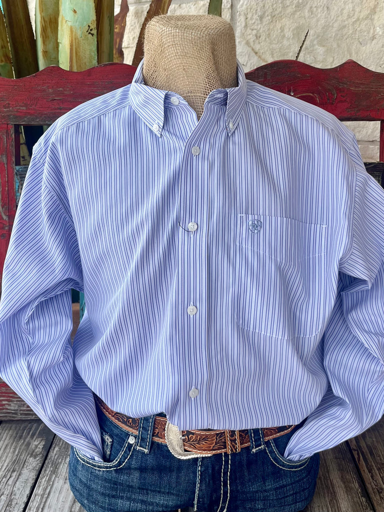 Men’s Ariat Western Dress Shirt in white and light blue stripes, classic fit for relaxed comfort with breathable cotton blend fabric – 10058956. Available at Blair's Western Wear, Marble Falls, TX.