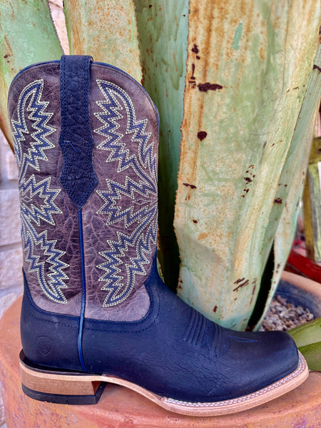 Men's Ariat Western Snip Toe Roper Boot in Navy Tide Suede/Granite Stone, built from premium full-grain leather for lasting comfort, with TekStep H2O-resistant leather sole for added moisture protection - 10074241. Available at Blair's Western Wear, Marble Falls, TX.