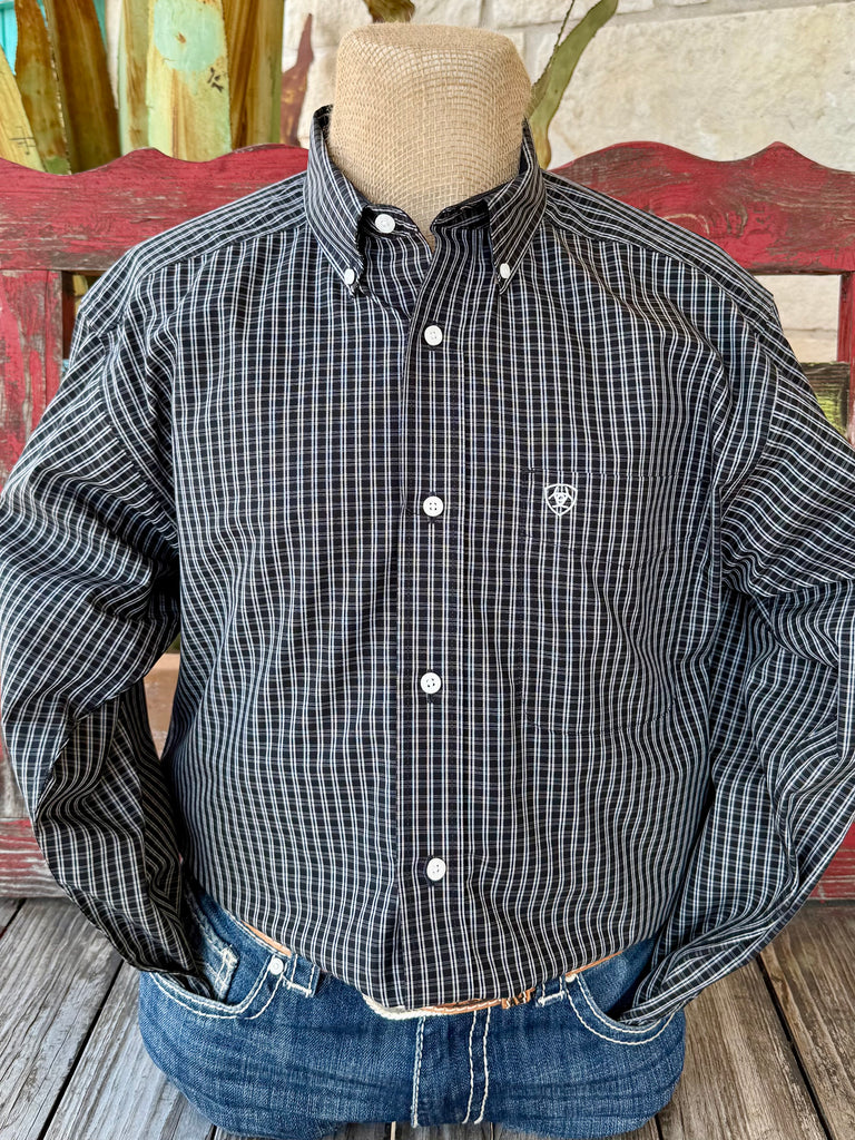 Men’s Ariat Western Shirt in black and white check, made from breathable cotton for all-day comfort, with button-down collar and Ariat logo chest pocket – 10065782. Available at Blair’s Western Wear, Marble Falls, TX.