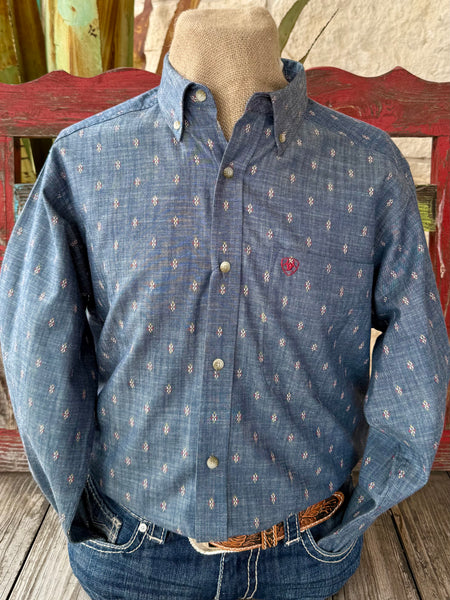 Men's Ariat Western Shirt Button-Down in Navy/Mauve, breathable cotton fabric for all-day comfort, with classic fit for ease of movement - 10071607. Available at Blair's Western Wear, Marble Falls, TX.