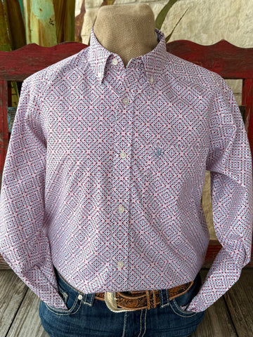 Men’s Ariat Western button-down shirt in pink, built from lightweight breathable cotton fabric, with adjustable button cuffs for a customizable fit - 10071609. Available at Blair's Western Wear, Marble Falls, TX.