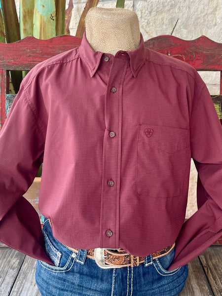 Men's Ariat Western Shirt Red Mahogany Button-Down with 360 AirFlow™ technology and breathable mesh yoke – 10054884. Available at Blair's Western Wear, Marble Falls, TX.