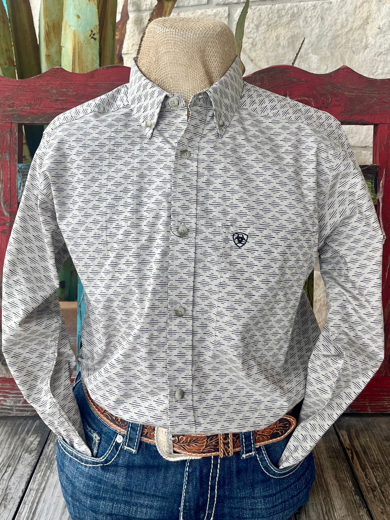 Men's Ariat Western Shirt Button-Down in Tan/Black, lightweight cotton with Greater Arm Mobility, moisture-wicking performance for warm days - 10058993. Available at Blair's Western Wear, Marble Falls, TX.