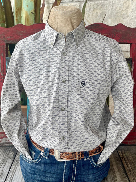 Men's Ariat Western Shirt Button-Down in Tan/Black, lightweight cotton with Greater Arm Mobility, moisture-wicking performance for warm days - 10058993. Available at Blair's Western Wear, Marble Falls, TX.