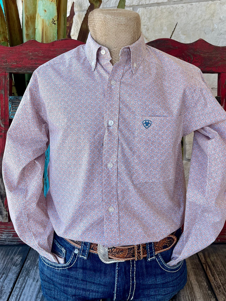 Men's Ariat Western Shirt in WHT/TEAL/GOLD, eye-catching geometric print with relaxed fit and hidden pen slot – 10054699. Available at Blair's Western Wear, Marble Falls, TX.
