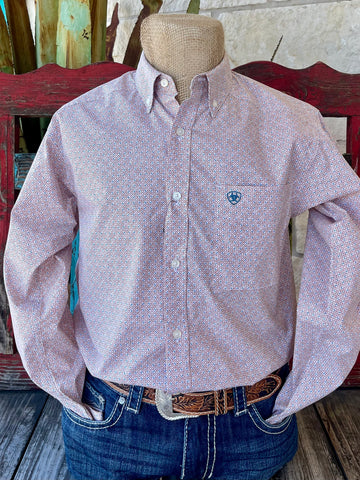 Men's Ariat Western Shirt in WHT/TEAL/GOLD, eye-catching geometric print with relaxed fit and hidden pen slot – 10054699. Available at Blair's Western Wear, Marble Falls, TX.