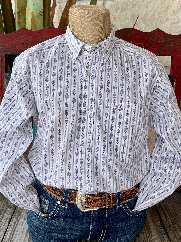 Men's Ariat Western Shirt with White Aztec Print, featuring adjustable cuffs with extended button detail and a hidden pen slot in the left chest pocket – 10058763. Available at Blair's Western Wear, Marble Falls, TX.