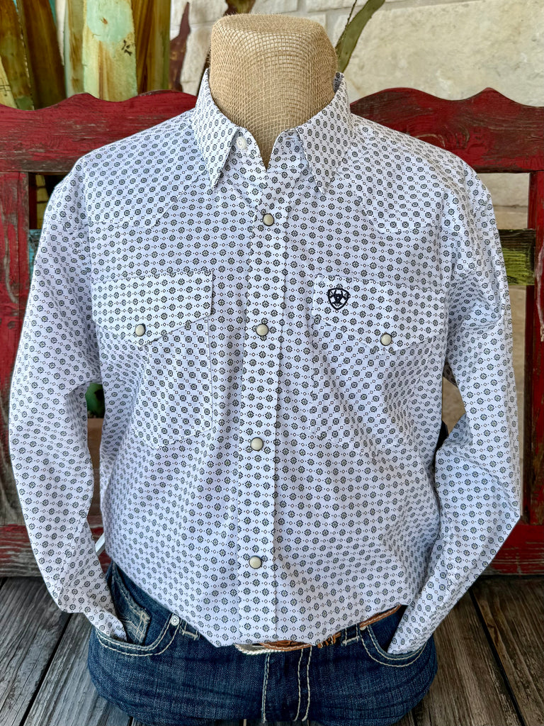 Men’s Ariat western shirt in white, navy, and tan print, lightweight cotton for comfort, with pearl snaps and western yoke - 10065784. Available at Blair's Western Wear, Marble Falls, TX.