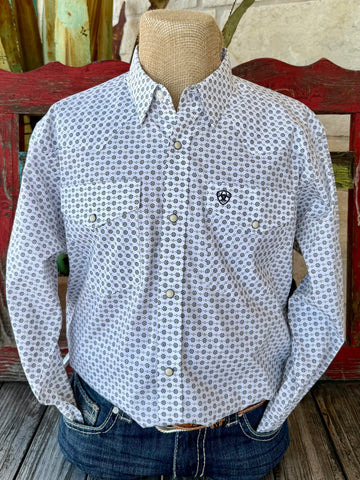 Men’s Ariat western shirt in white, navy, and tan print, lightweight cotton for comfort, with pearl snaps and western yoke - 10065784. Available at Blair's Western Wear, Marble Falls, TX.