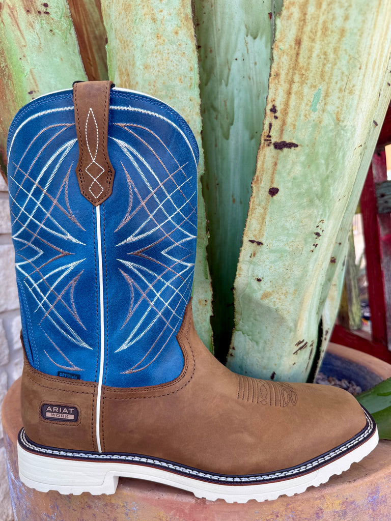 Men’s Ariat Work Boot Activator H2O Soft Toe in Brown and Blue, featuring waterproof DRYShield construction, with slip-resisting outsole for secure footing – 10060895. Available at Blair's Western Wear, Marble Falls, TX.