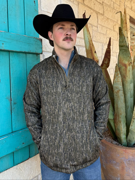 Men’s Ariat fleece 1/4 zip pullover in olive/tan camo, with zippered hand pockets and breathable fleece comfort – 10062622. Available at Blair’s Western Wear, Marble Falls, TX.