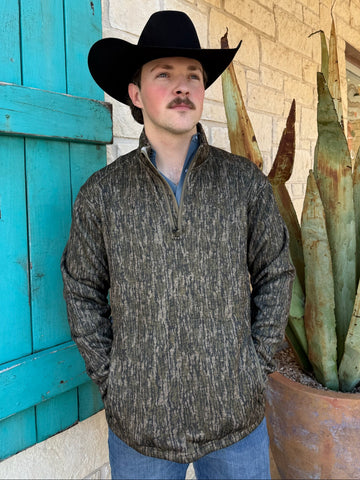 Men’s Ariat fleece 1/4 zip pullover in olive/tan camo, with zippered hand pockets and breathable fleece comfort – 10062622. Available at Blair’s Western Wear, Marble Falls, TX.