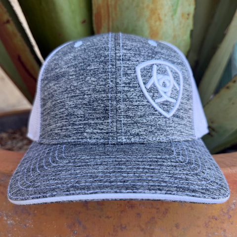 A heather gray and white trucker-style baseball cap with a white Ariat logo on the front