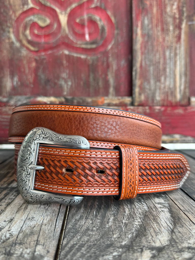 Men's Basket Weave Tooled Leather Belt With Smooth Leather Middle in Brown - 2278 - Blair's Western Wear Marble Falls, TX 