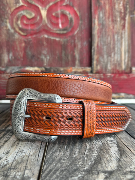 Men's Basket Weave Tooled Leather Belt With Smooth Leather Middle in Brown - 2278 - Blair's Western Wear Marble Falls, TX 