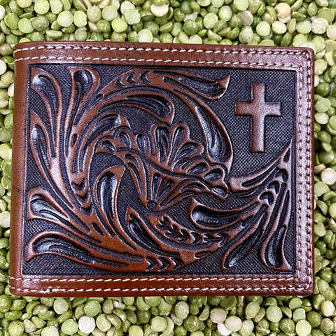 Cognac Tooled Western Cross Men's Bifold Wallet - W676