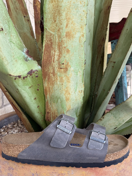 Men's charcoal gray oiled nubuck leather sandal with two adjustable buckle straps, cushioned cork footbed, and lightweight EVA outsole — Blair's Western Wear Marble Falls TX