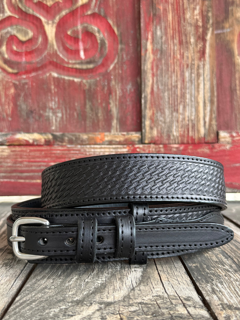 Blair's Western Wear Ranger Belt in black, crafted from full grain leather with a tooled basketweave pattern and interchangeable buckle system - 826218. Available at Blair's Western Wear, Marble Falls, TX.