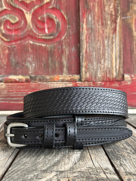 Blair's Western Wear Ranger Belt in black, crafted from full grain leather with a tooled basketweave pattern and interchangeable buckle system - 826218. Available at Blair's Western Wear, Marble Falls, TX.