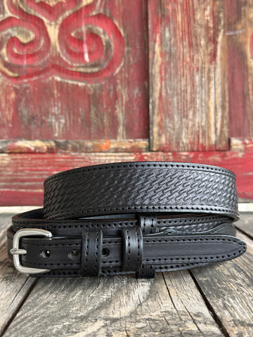 Blair's Western Wear Ranger Belt in black, crafted from full grain leather with a tooled basketweave pattern and interchangeable buckle system - 826218. Available at Blair's Western Wear, Marble Falls, TX.
