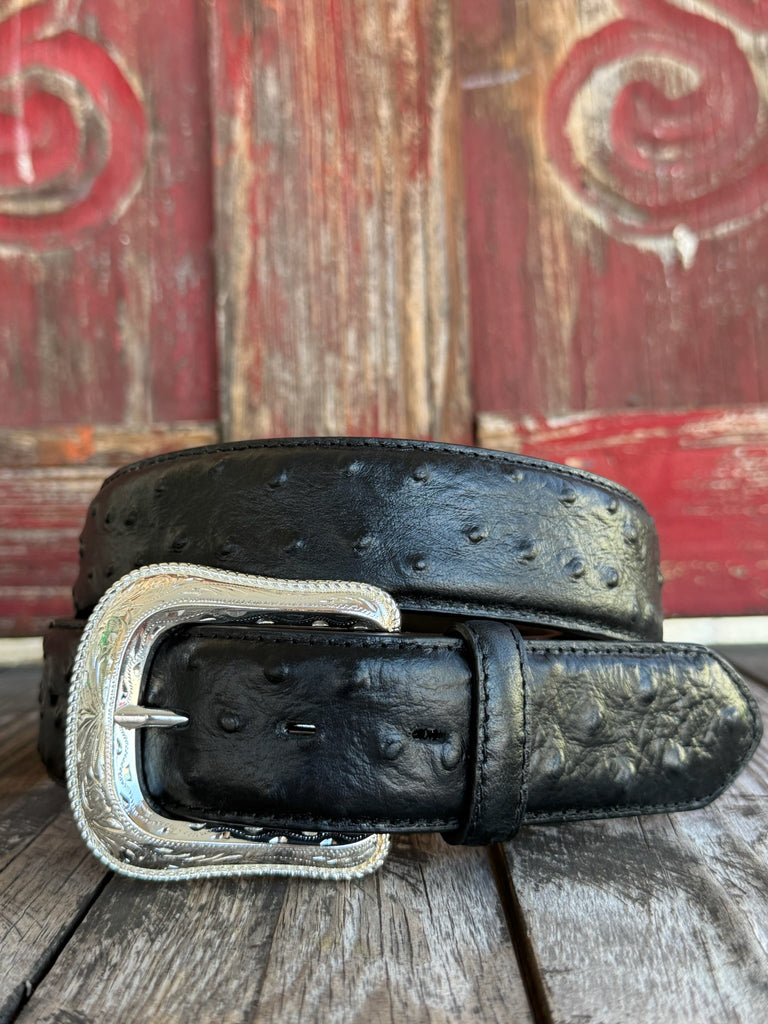 Men's Black Ostrich Print Leather Belt