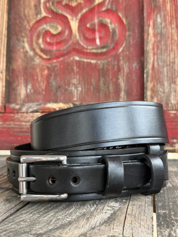 Men's Blair's Western Wear Black Waxed Leather Ranger Belt, premium waxed leather with smooth finish and robust silver-tone buckle - 825218. Available at Blair's Western Wear, Marble Falls, TX.