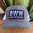 A heather gray and white trucker hat with a prominent rectangular patch on the front that reads 'BWW BLAIR'S WESTERN WEAR'. 
