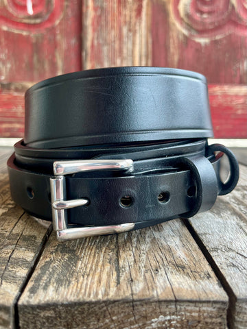 Men's Blair's Western Wear Black Waxed Leather Ranger Belt, premium waxed leather with smooth finish and robust silver-tone buckle - 825218. Available at Blair's Western Wear, Marble Falls, TX.