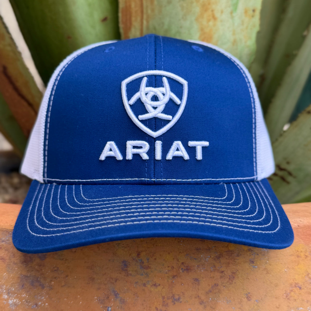 A blue and white cap featuring the white embroidered Ariat logo on the front, set against a background of green foliage and a rustic wooden surface.