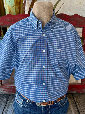 Men's Blue White Plaid Check Button-Down Long Sleeve Shirt