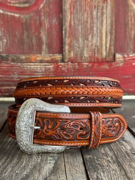 Ladies Tooled Leather Belt with Braided Leather Overlay in Cognac & Chocolate - WB2704B - Blair's Western Wear Marble Falls, TX 