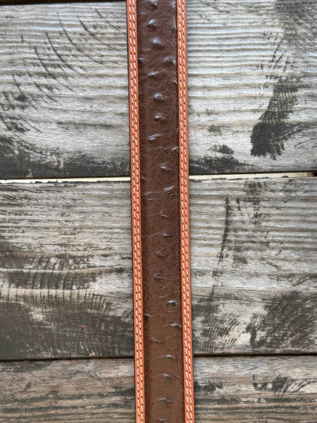 Dark chocolate ostrich print leather with a tan leather trim edge and cream contrast stitching, finished with an engraved silver western buckle — a refined, two-tone exotic belt with the kind of texture and detail that elevates any western outfit.