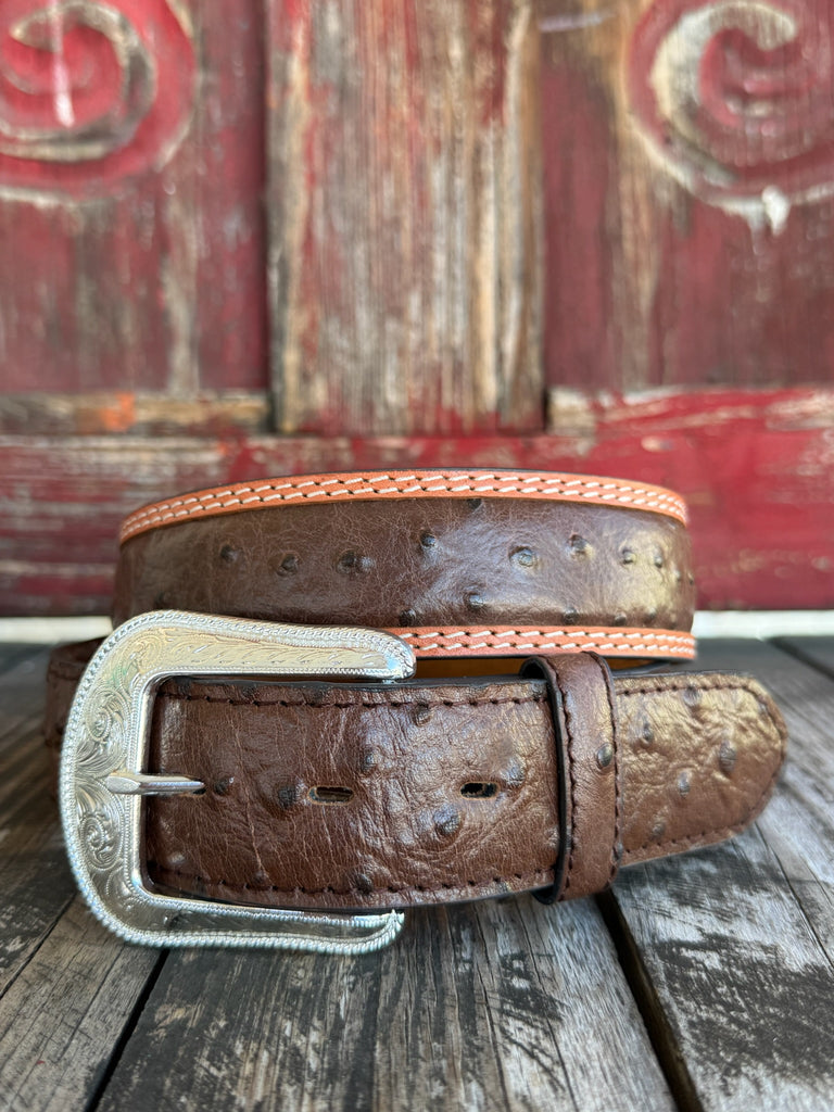 Dark chocolate ostrich print leather with a tan leather trim edge and cream contrast stitching, finished with an engraved silver western buckle — a refined, two-tone exotic belt with the kind of texture and detail that elevates any western outfit.