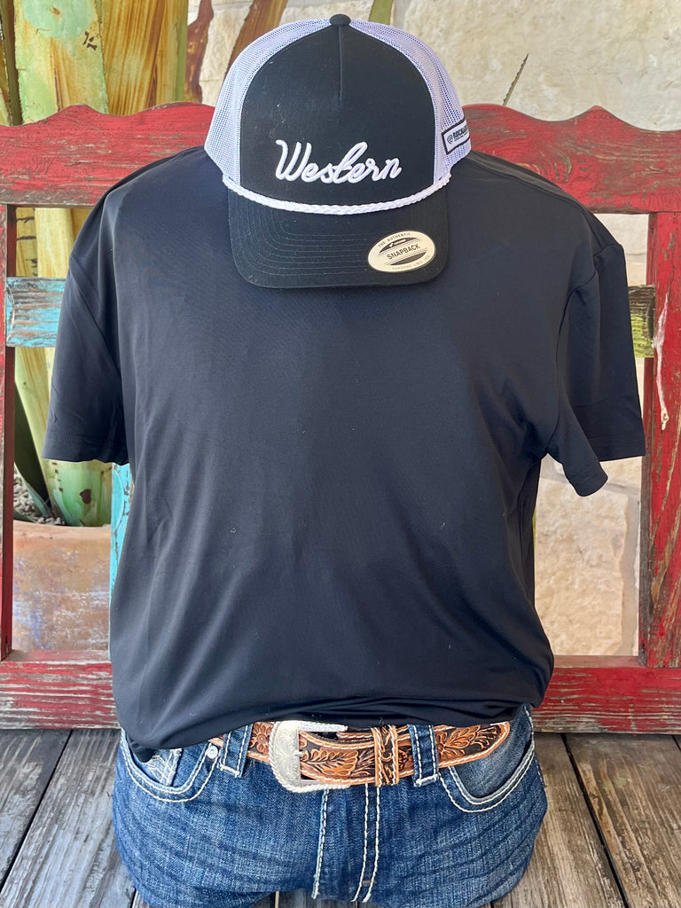 Men's Burlebo Go-To Tee Black in soft performance polyester-spandex blend, quick-dry moisture-wicking fabric with UPF 50 sun protection and anti-microbial properties – GTTMBLK. Available at Blair's Western Wear, Marble Falls, TX.