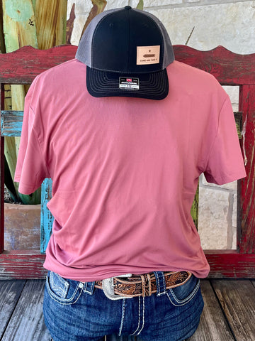 Men’s Burlebo Go-To Tee in red clay, made from a stretchy polyester-spandex blend with UPF 50 sun protection and moisture-wicking finish – GTTRC. Available at Blair's Western Wear, Marble Falls, TX.