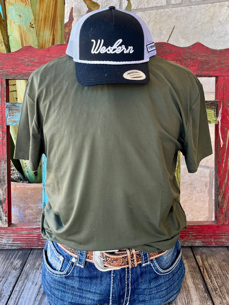 Men's Burlebo Go‑To tee in olive, moisture‑wicking quick‑dry fabric with UPF 50+ protection and anti‑microbial finish - GTTSTOV. Available at Blair's Western Wear, Marble Falls, TX.