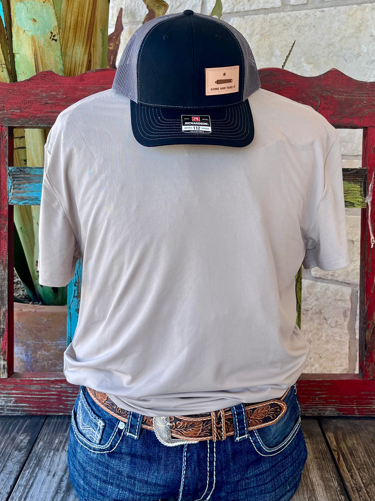 Men’s Burlebo Go To Tee Sandstone in stretchy, moisture‑wicking fabric, with UPF 50 sun protection and anti‑microbial finish - GTTSAND. Available at Blair's Western Wear, Marble Falls, TX.