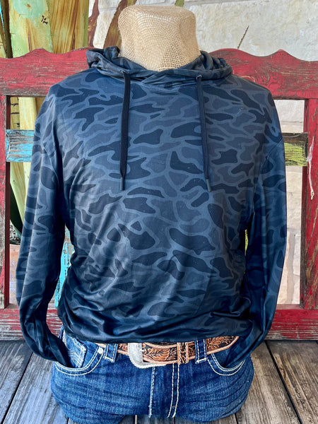 Men's Burlebo Performance Hoodie in Black Camo, crafted from a lightweight performance blend, featuring quick-dry and moisture-wicking properties - PHSCBK. Available at Blair's Western Wear, Marble Falls, TX.