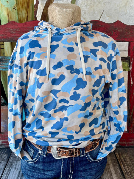 Men's Burlebo Performance Hoodie in Camo, made from moisture-wicking recycled fabric for all-day comfort, with built-in UPF sun protection and thumbholes for added coverage - PHRPC. Available at Blair's Western Wear, Marble Falls, TX.
